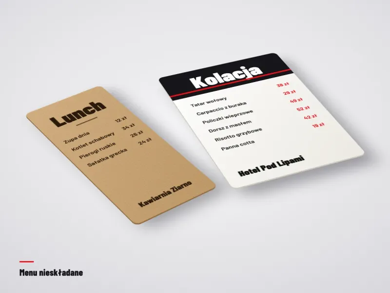 Płaska karta menu A4 leżąca na stoliku w restauracji